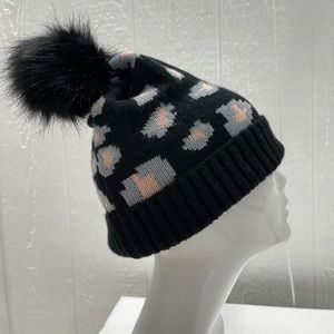 Black animal print beanie with Pom